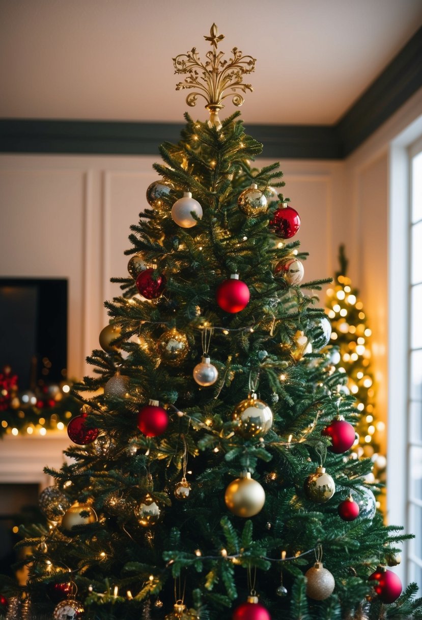 A beautifully decorated Christmas tree with an elegant tree topper, surrounded by festive ornaments and twinkling lights