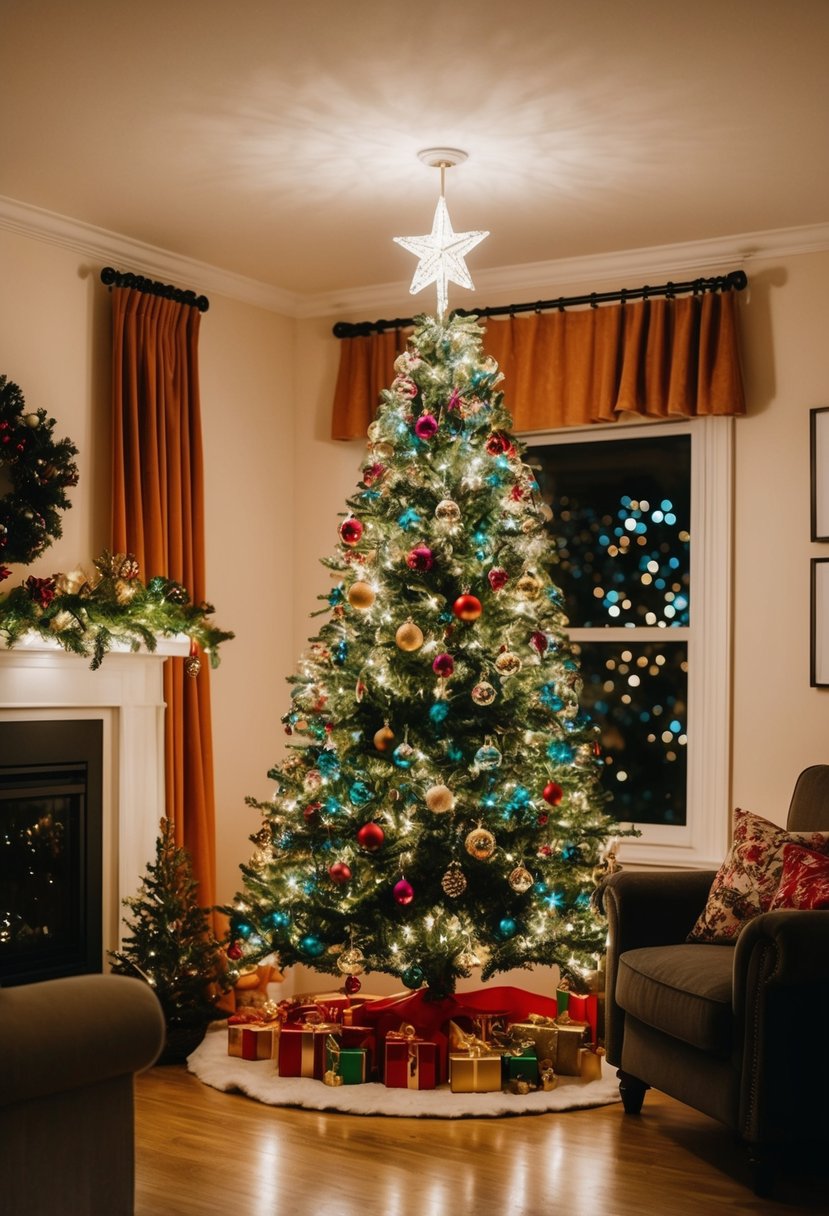 A cozy living room with a beautifully decorated Christmas tree, adorned with twinkling lights, colorful ornaments, and a shining star topper