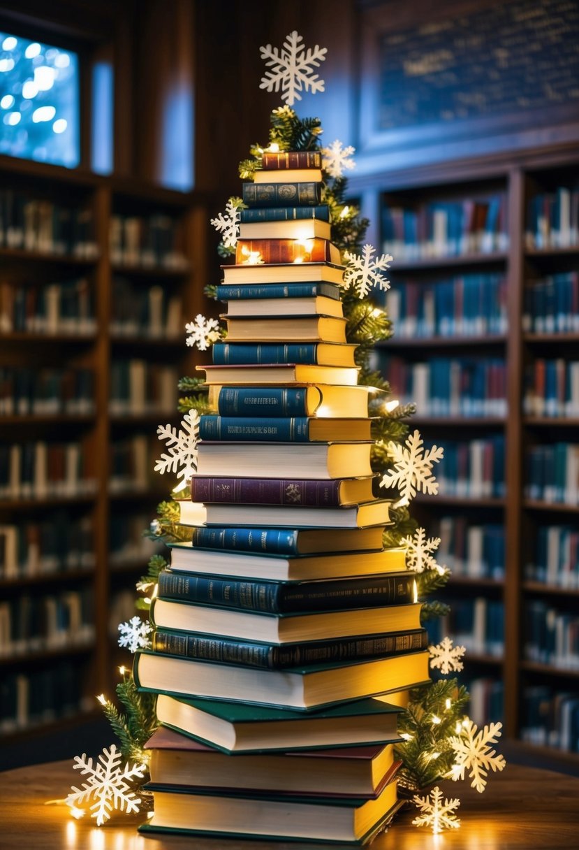 A Christmas tree made of stacked books, adorned with paper snowflakes and twinkling lights, standing in a cozy library