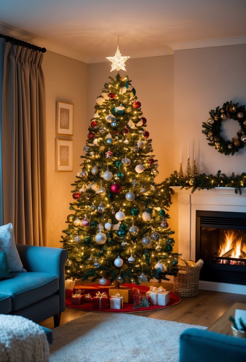 A cozy living room with a tall Christmas tree adorned with classic ornaments, twinkling lights, and a star topper. A crackling fire adds warmth to the festive scene