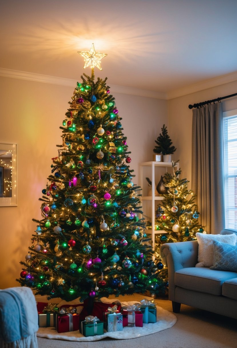 A cozy living room with a tall Christmas tree adorned with colorful lights, ornaments, and a shining star topper