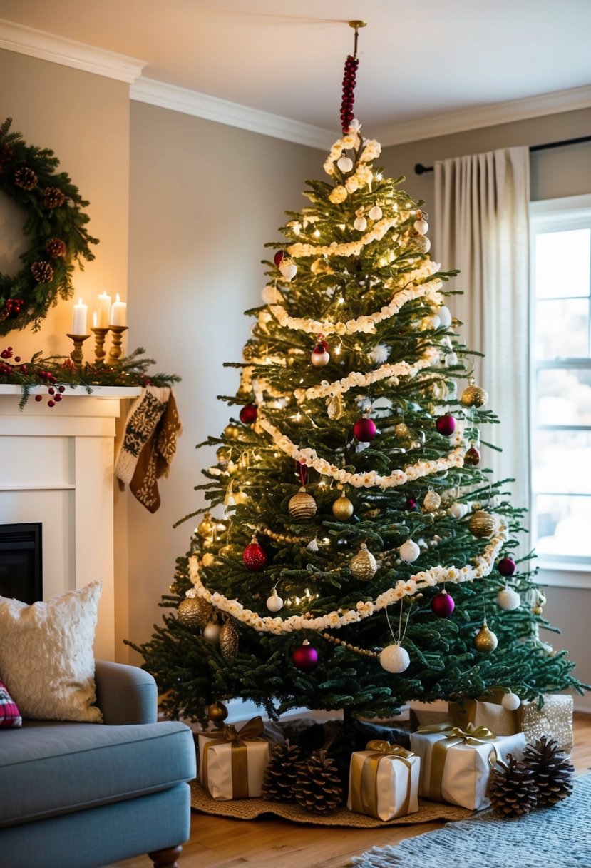 A cozy living room with a rustic Christmas tree adorned with homemade ornaments, pinecones, and strings of popcorn and cranberries