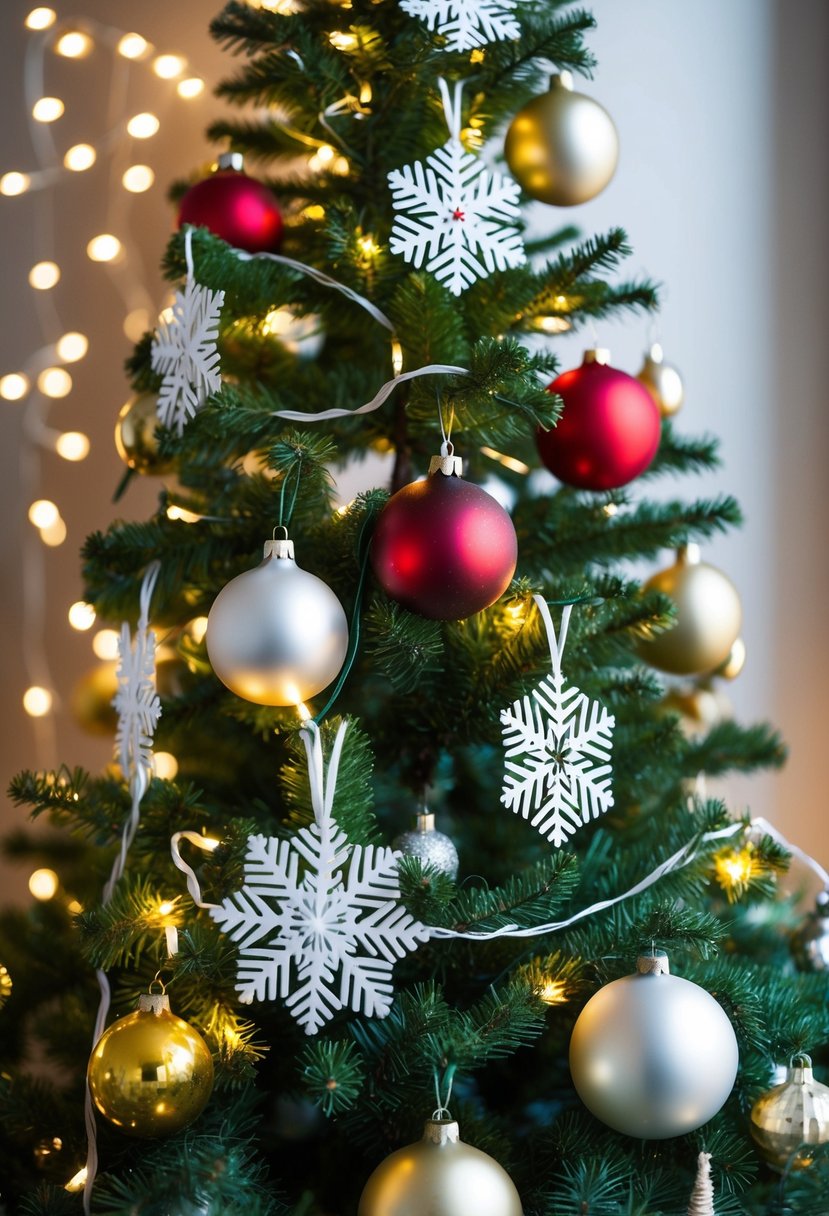 A Christmas tree adorned with vintage ornaments, string lights, and handmade paper snowflakes