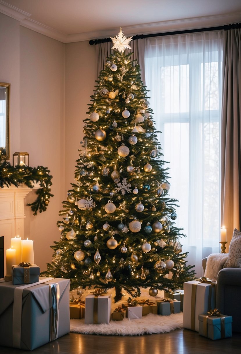 A cozy living room with a tall Christmas tree adorned with elegant ornaments and twinkling lights, surrounded by wrapped presents and flickering candles