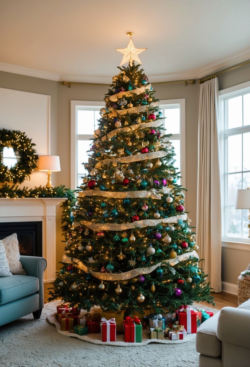 A cozy living room with a tall, beautifully decorated Christmas tree surrounded by twinkling lights, colorful ornaments, and a shining star topper