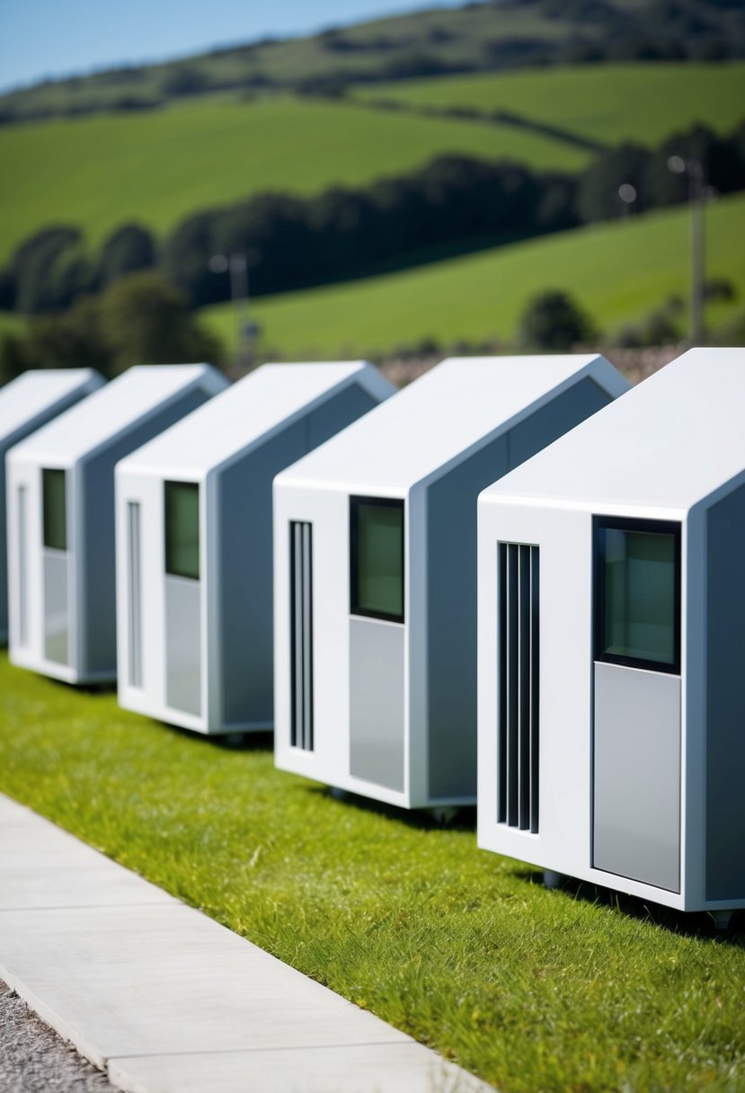 A row of sleek, futuristic 3D printed houses with Elon Musk's signature design, set against a backdrop of green hills and clear skies