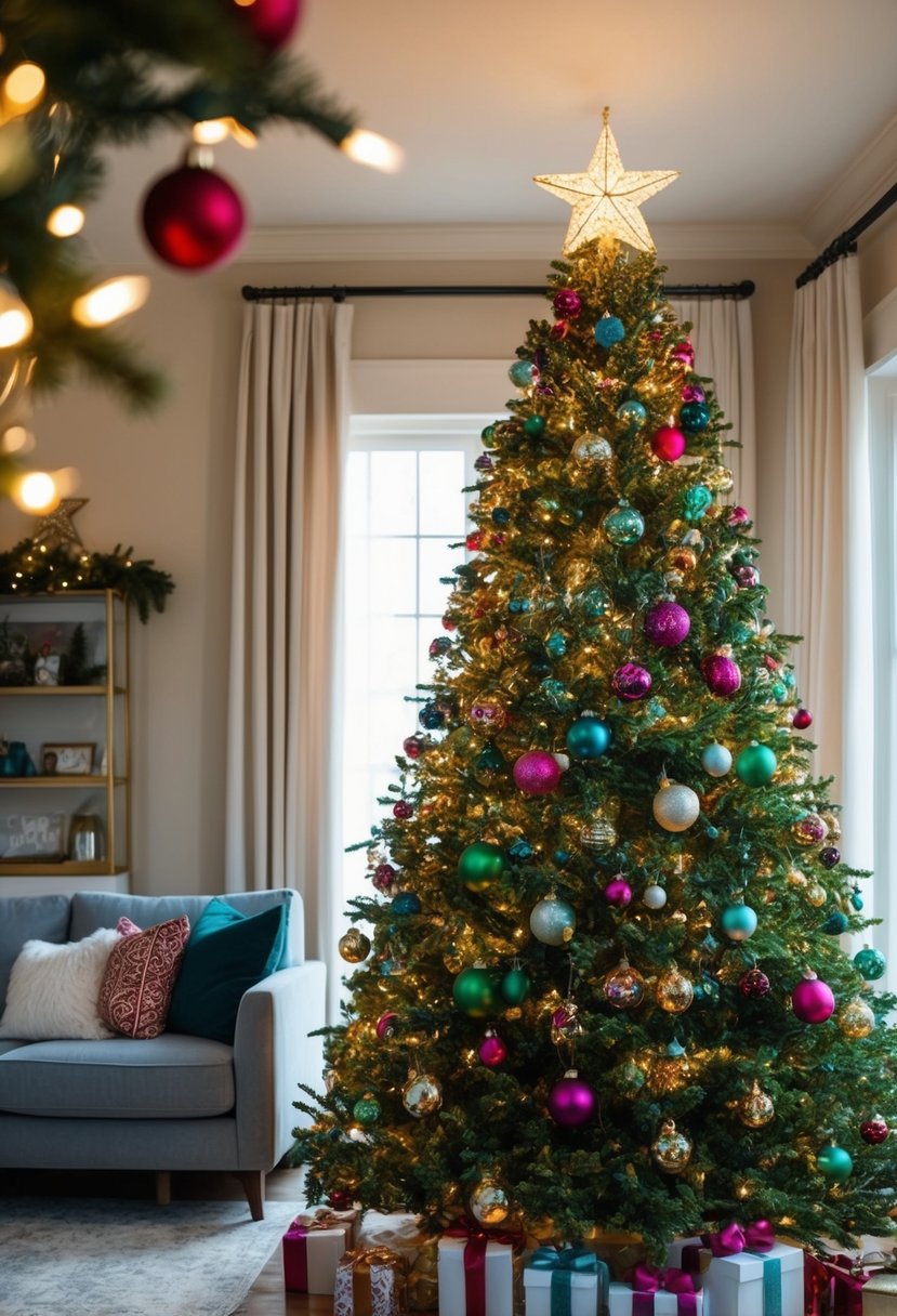 A cozy living room with a tall Christmas tree adorned with colorful ornaments, twinkling lights, and a shining star topper