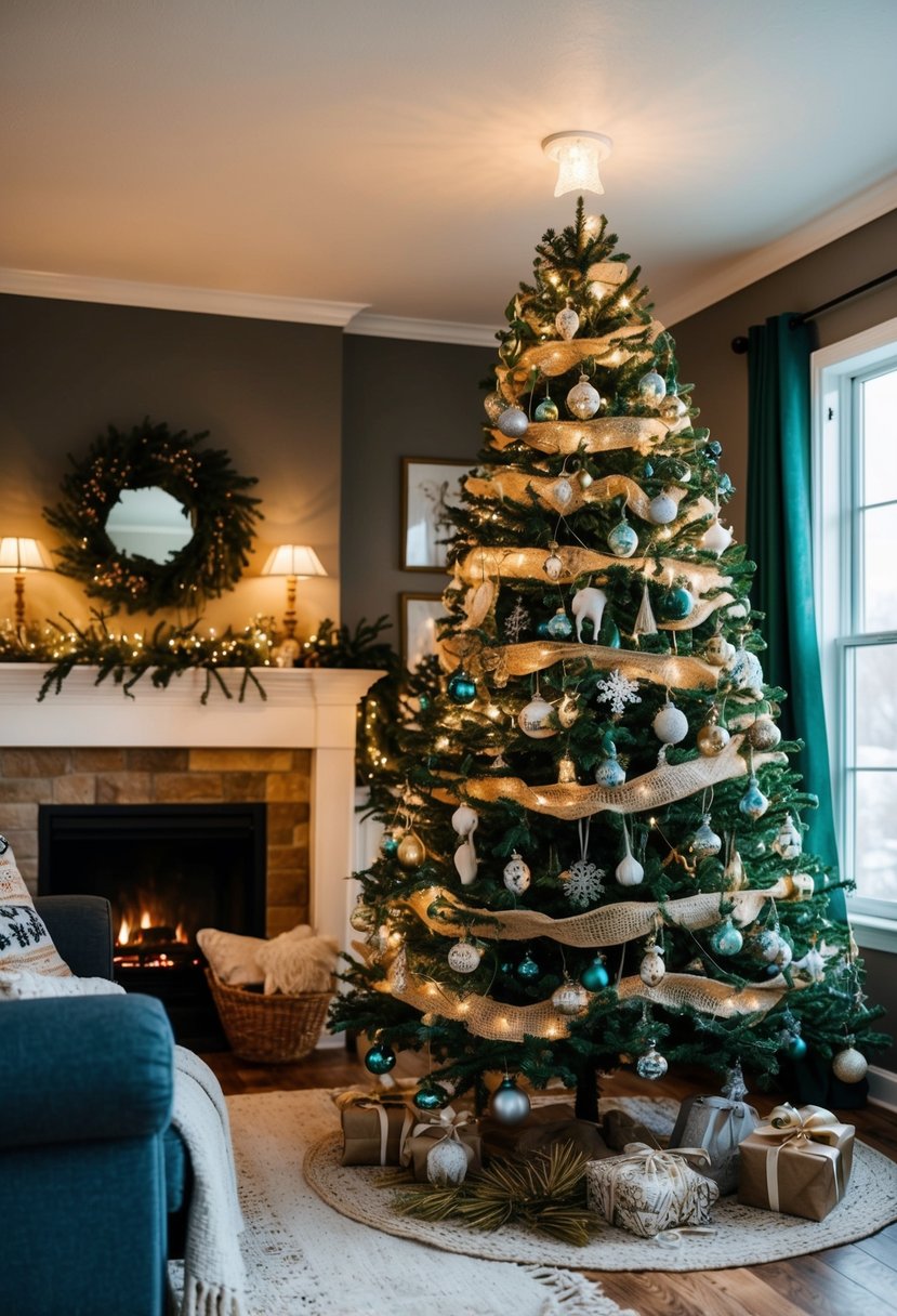 A cozy living room with a Christmas tree adorned in vintage ornaments, twinkling lights, and a rustic woodland theme