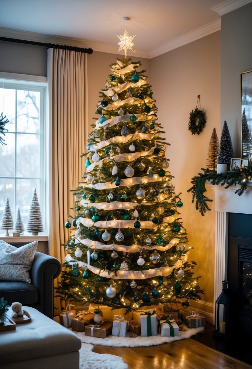 A cozy living room with a tall Christmas tree adorned with handmade ornaments, twinkling lights, and a mix of vintage and modern decorations