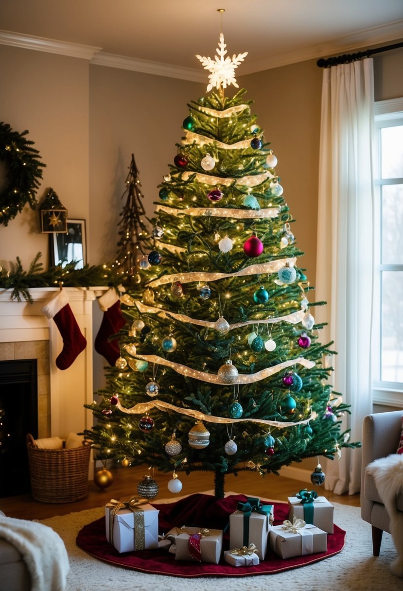 A cozy living room with a handmade Christmas tree adorned with DIY ornaments and twinkling lights