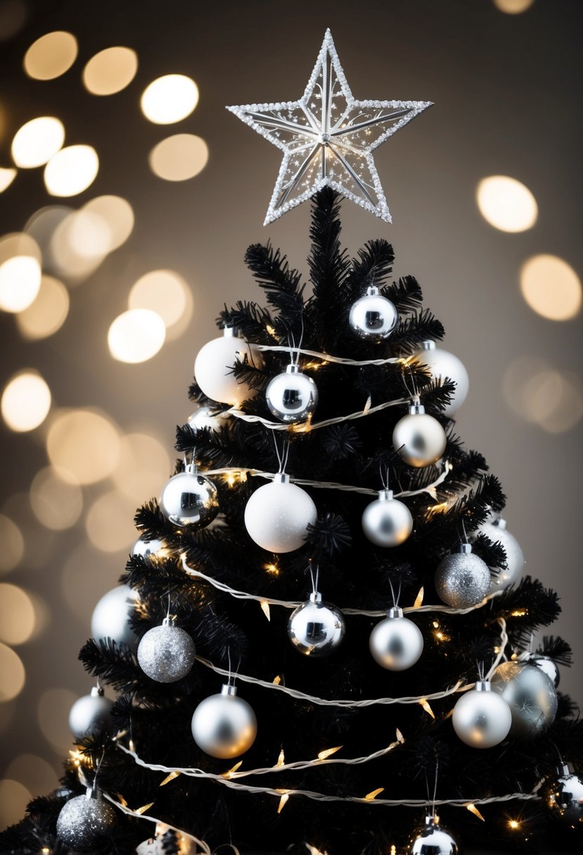 A black Christmas tree adorned with silver and white ornaments, twinkling lights, and a glittering star topper