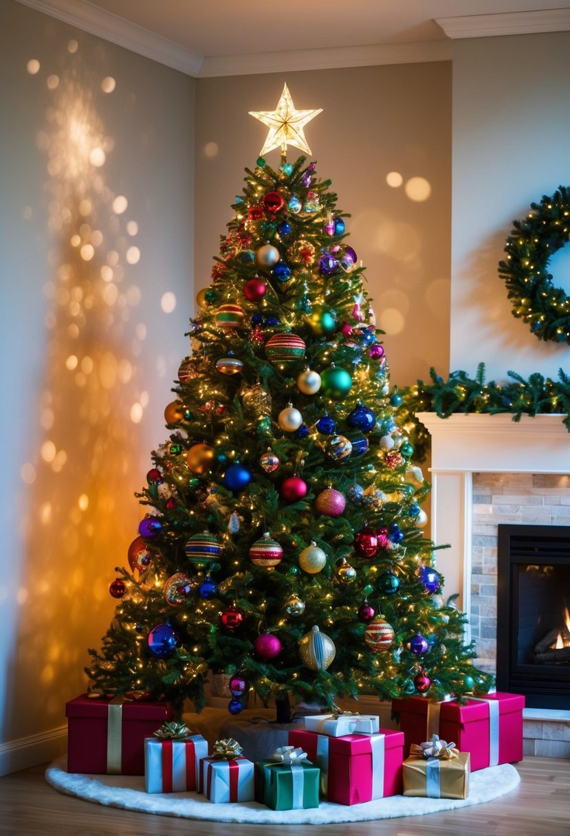 A tall Christmas tree adorned with red and gold ornaments and twinkling lights