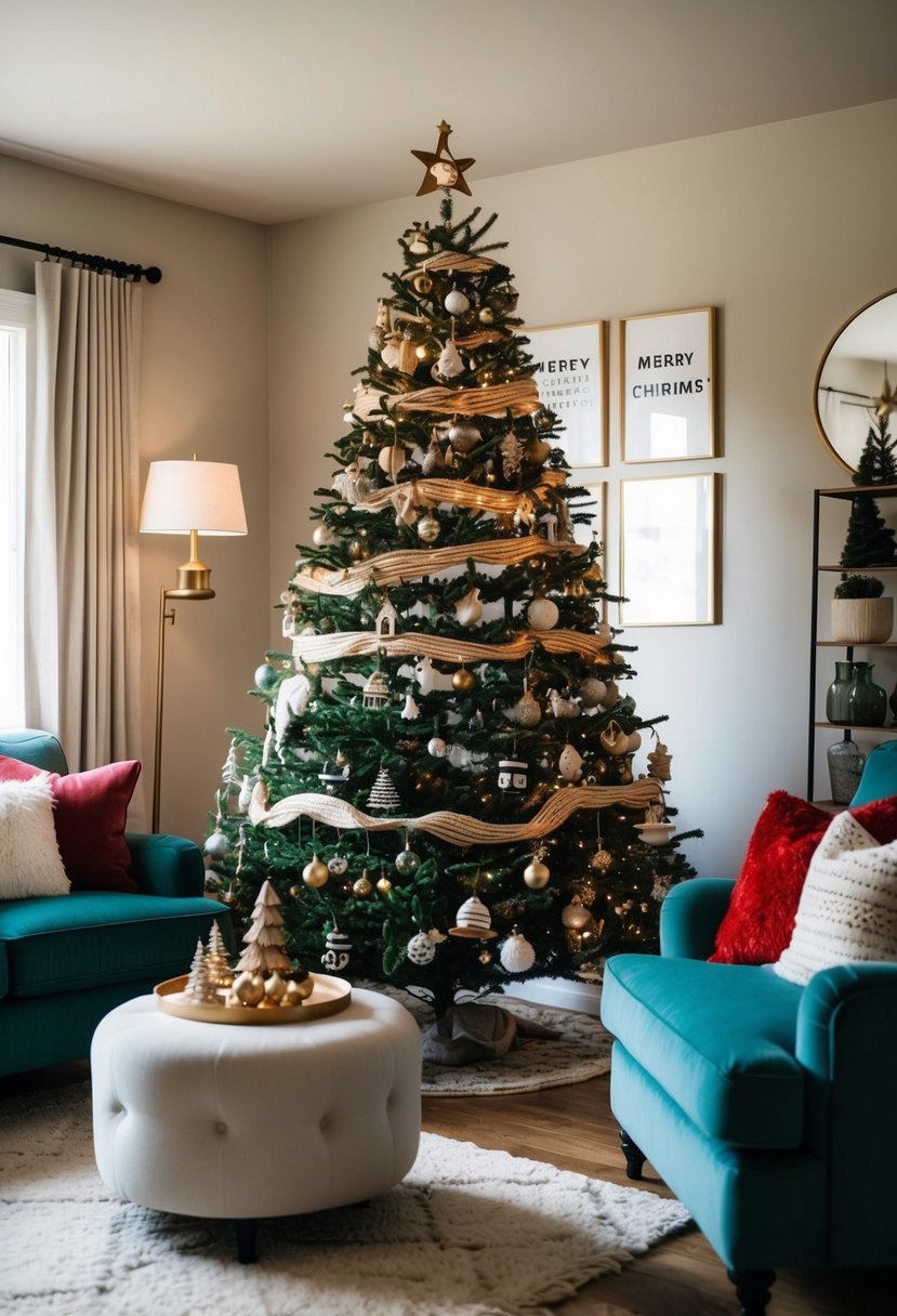 A cozy living room with a Christmas tree decorated in unique and personalized themes, reflecting the diverse personalities of the inhabitants