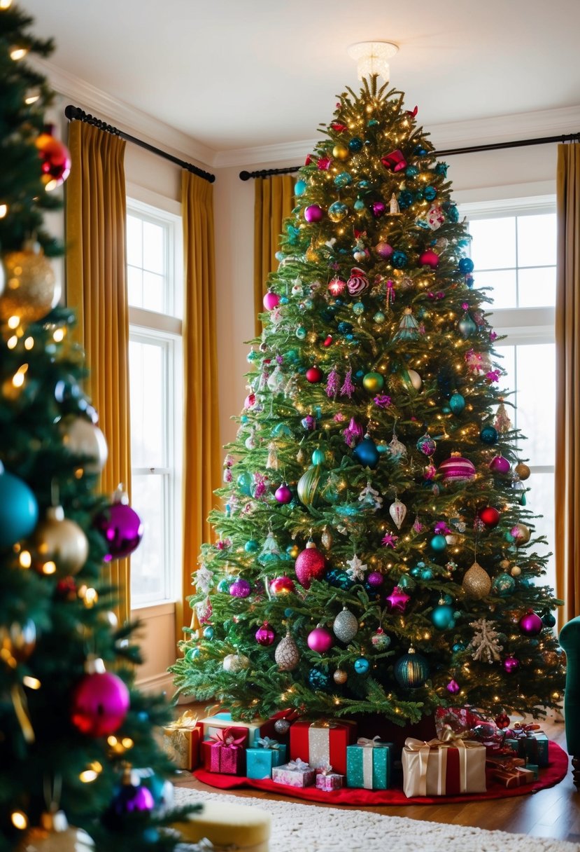 A cozy living room with a tall, lush Christmas tree adorned with colorful ornaments, twinkling lights, and a variety of unique decorations