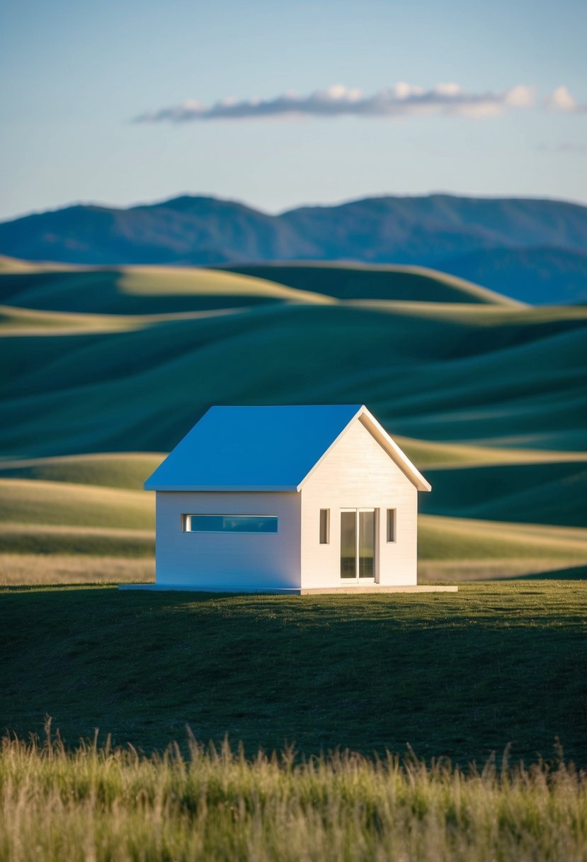 A futuristic 3D printed house stands against a backdrop of rolling hills and a clear blue sky at the Genesis Collection at Wolf Ranch