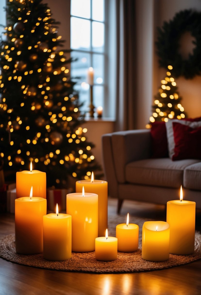 A cozy living room adorned with flickering candles in various sizes and shapes, casting a warm and inviting glow for a festive Christmas atmosphere