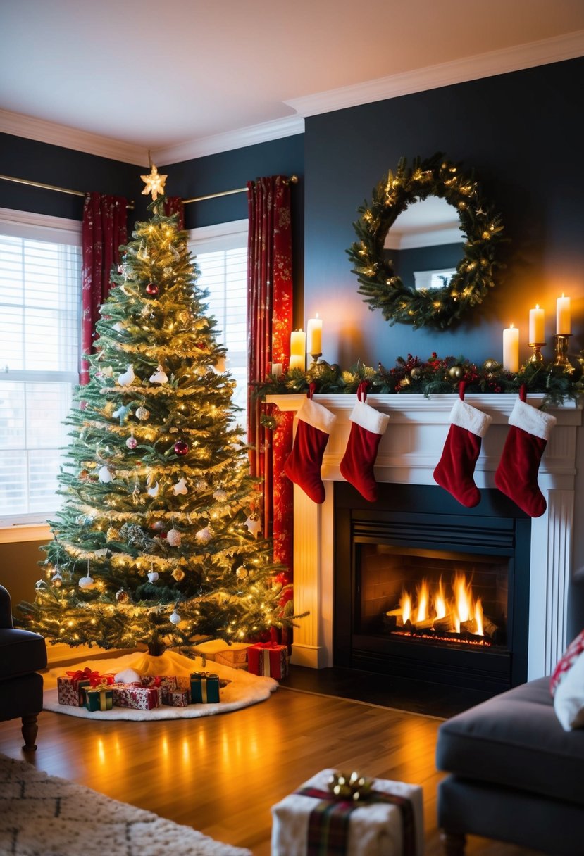 A cozy living room adorned with a twinkling Christmas tree, festive stockings hung by the fireplace, and warm, glowing candles on the mantel