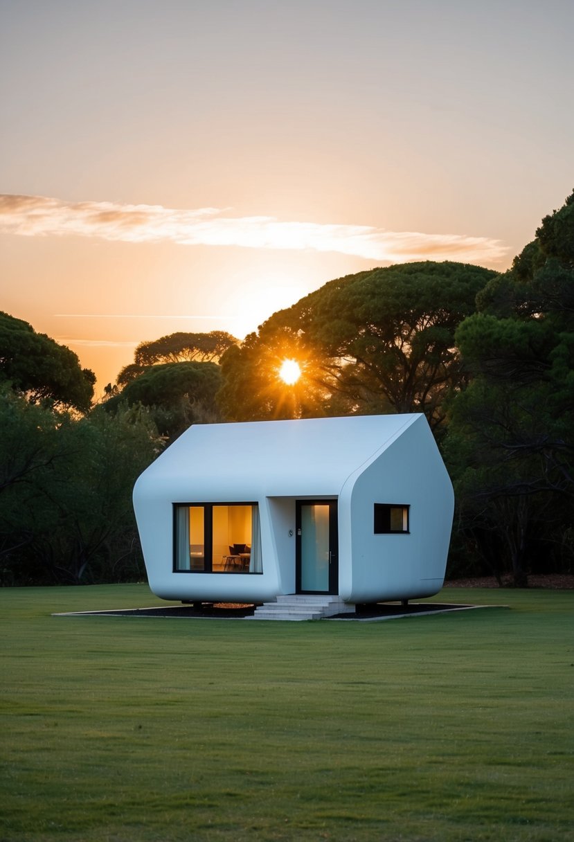 A small, sleek home sits on a grassy plot, surrounded by trees. The sun sets behind it, casting a warm glow over the futuristic design