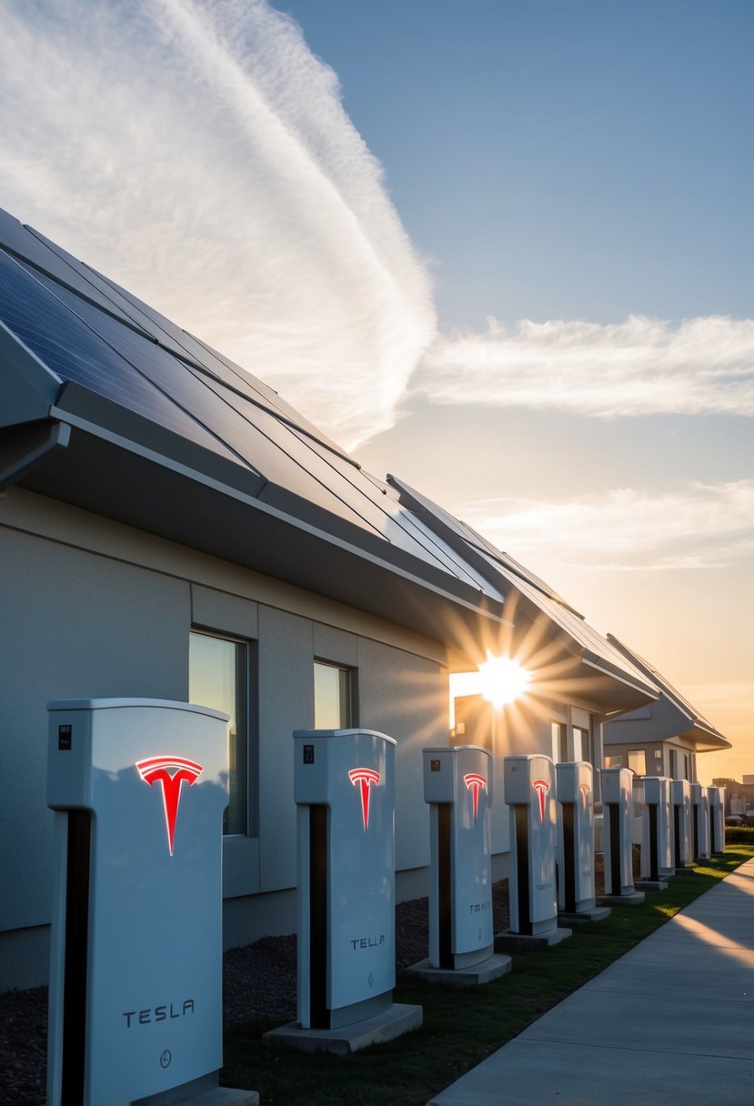 A row of sleek, 3D printed homes stand under a sunny California sky, each equipped with Tesla Solar panels and Powerwall batteries