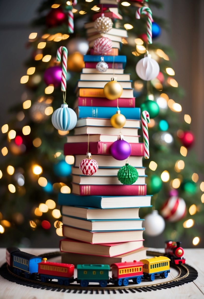 Colorful paper ornaments and candy canes hang from a tree made of stacked books, while toy trains circle the base