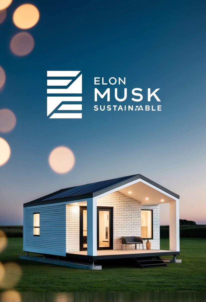 A 3D printer constructing a modern, sustainable house with Elon Musk's logo displayed prominently