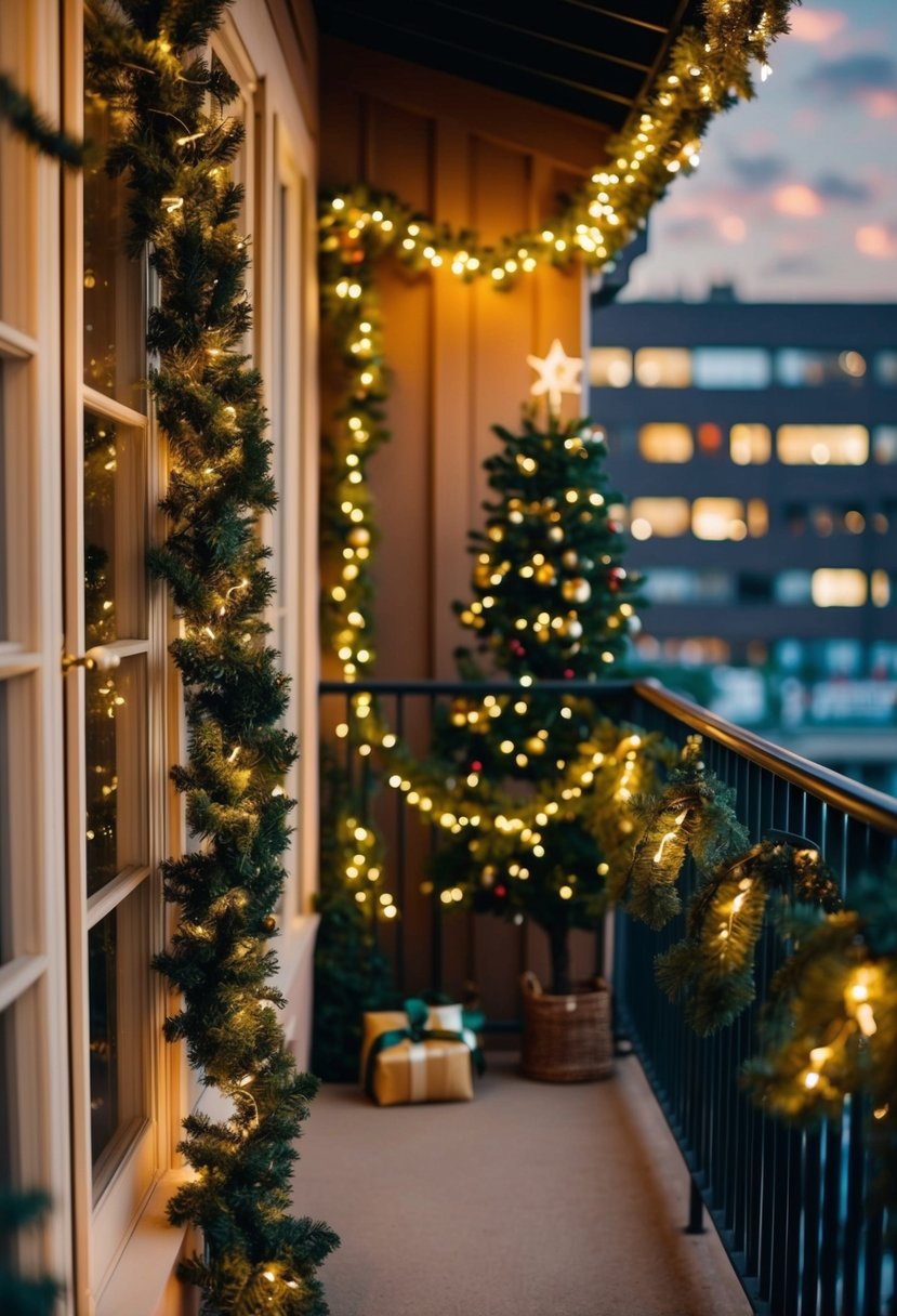 A cozy balcony adorned with twinkling lights, wreaths, and a festive garland draped along the railing. A small Christmas tree adds a touch of holiday cheer