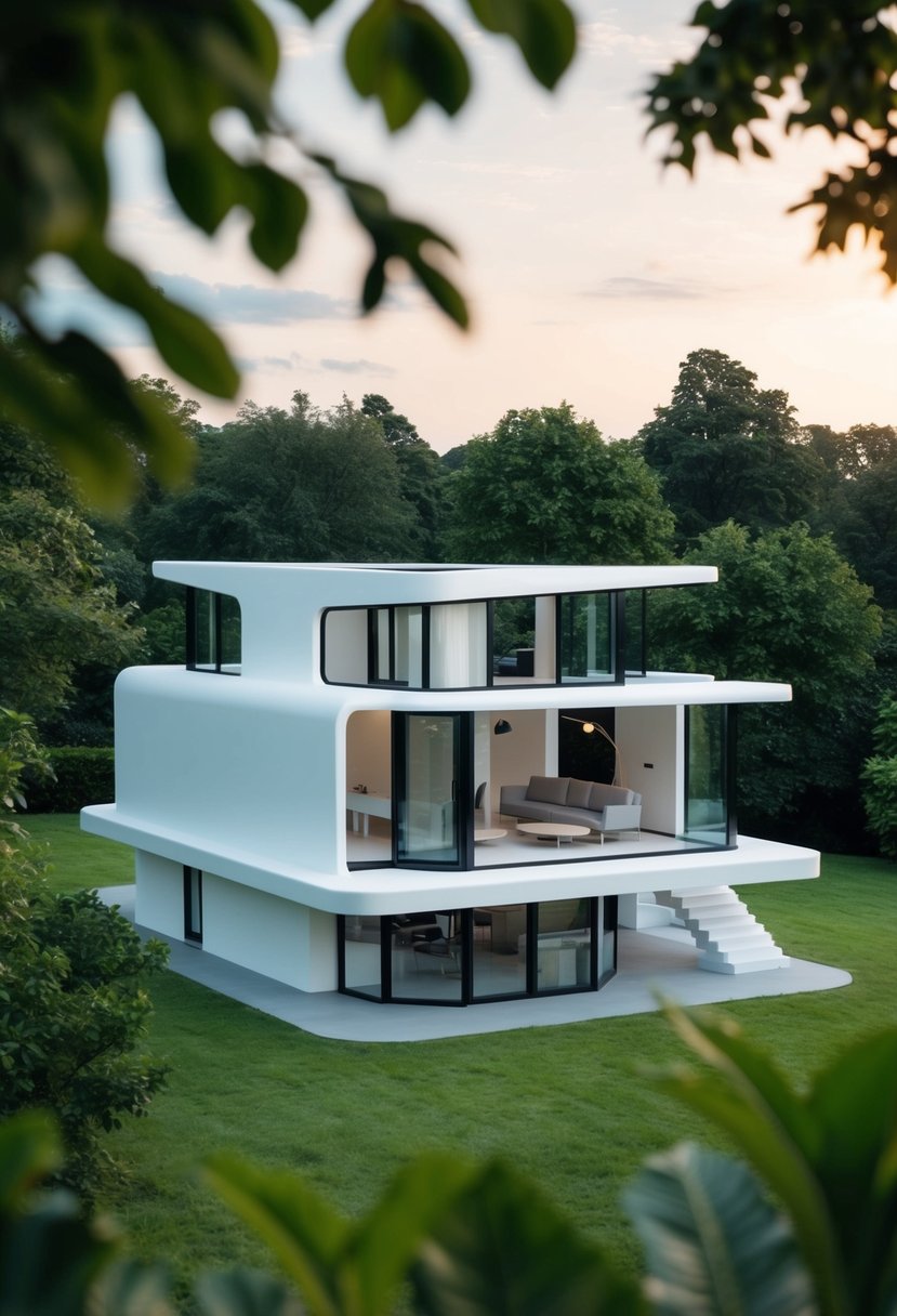 A 3D printer constructs a sleek, futuristic house with large windows and a spacious interior, surrounded by lush greenery