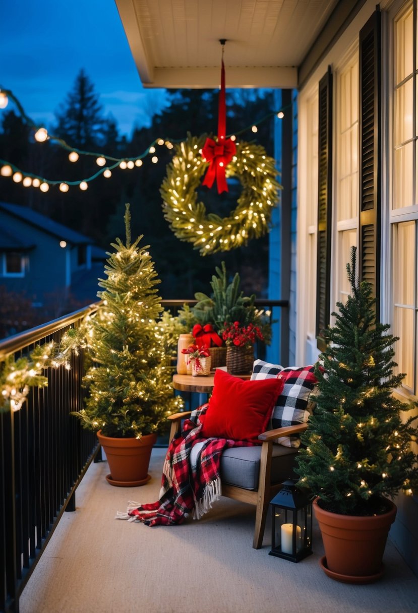 A balcony adorned with twinkling lights, a festive wreath, and potted evergreen trees. A cozy seating area with plaid blankets and holiday pillows completes the charming Christmas decor