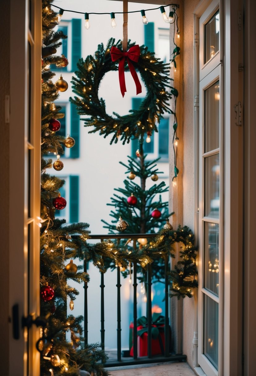 A cozy balcony adorned with vintage Christmas decor: a wreath, string lights, and ornaments hanging from a railing, with a small tree and festive garland