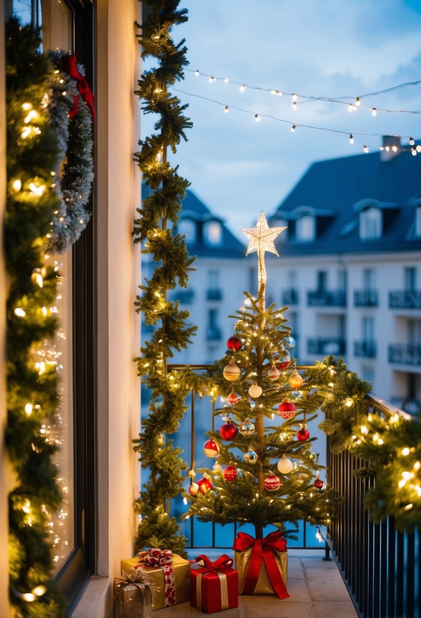 A balcony adorned with twinkling lights, garlands, and a festive wreath. A small Christmas tree stands in the corner, adorned with ornaments and ribbons