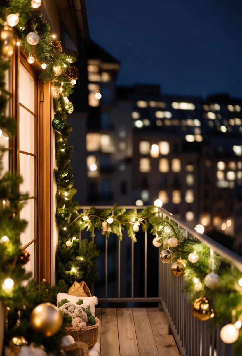 A cozy balcony adorned with twinkling lights, greenery, and festive ornaments, creating a warm and inviting outdoor space for the holiday season