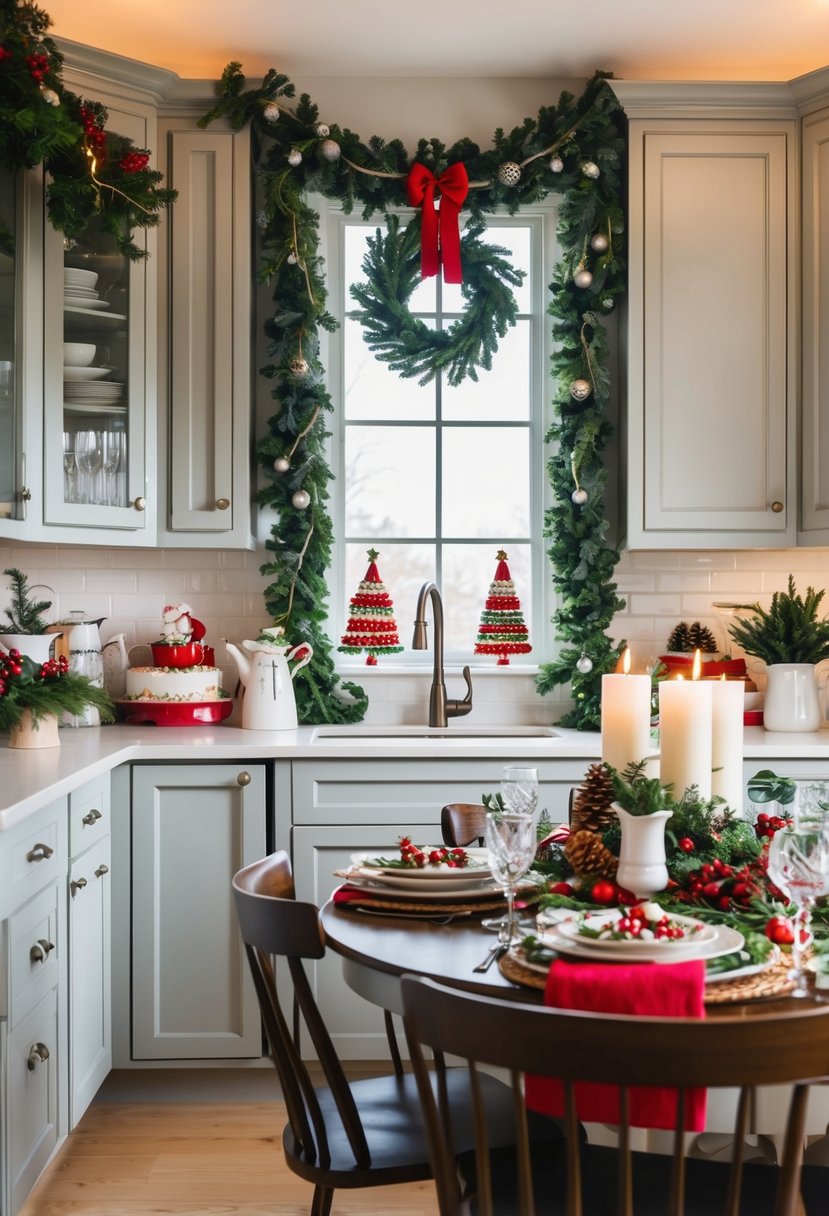 A cozy kitchen with a festive Christmas theme: garland draped over the cabinets, a wreath on the window, and a table set with holiday-themed dishes and centerpieces