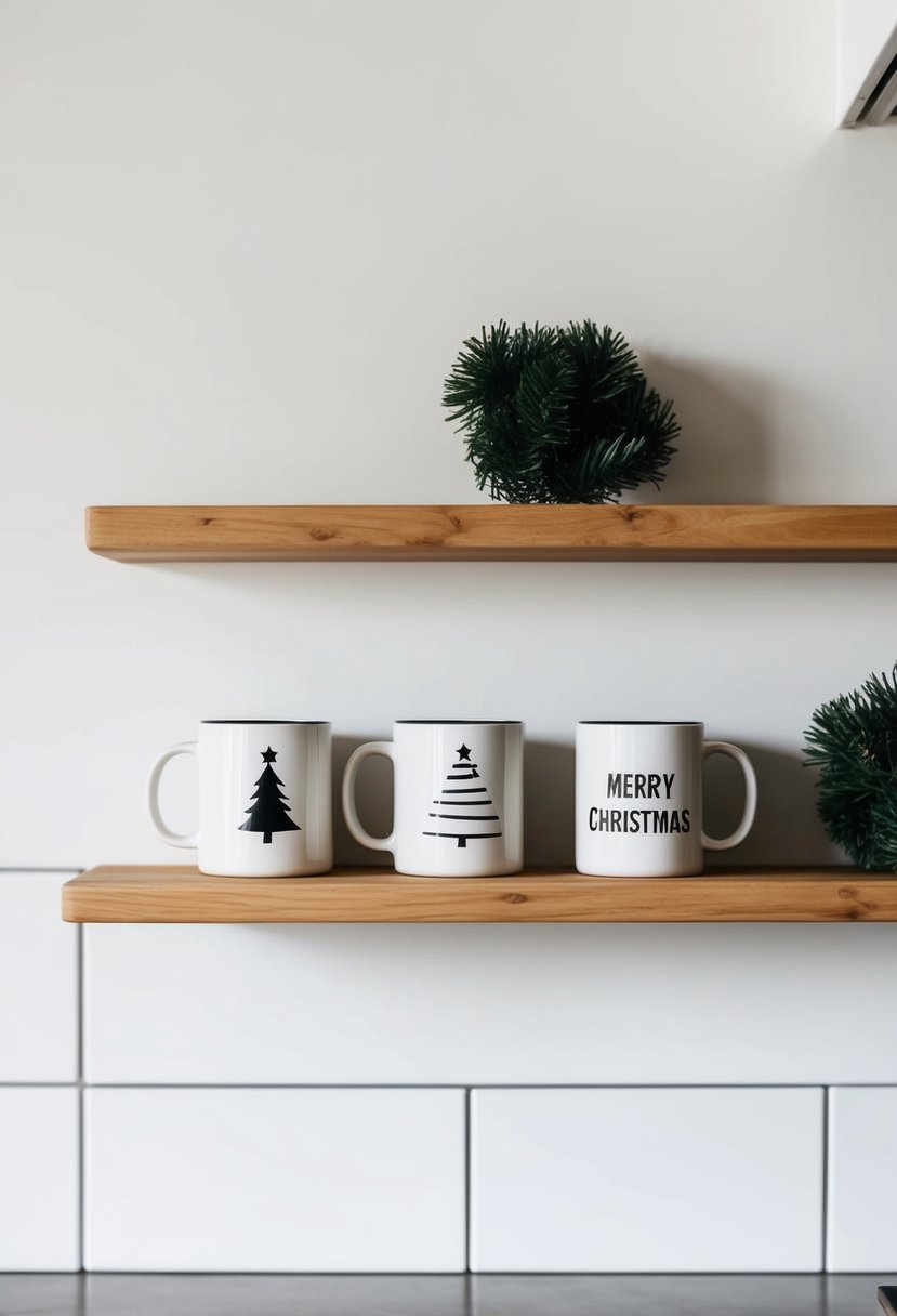 A simple wooden shelf with three white mugs, each featuring a different minimalist Christmas design, displayed against a clean, white kitchen wall