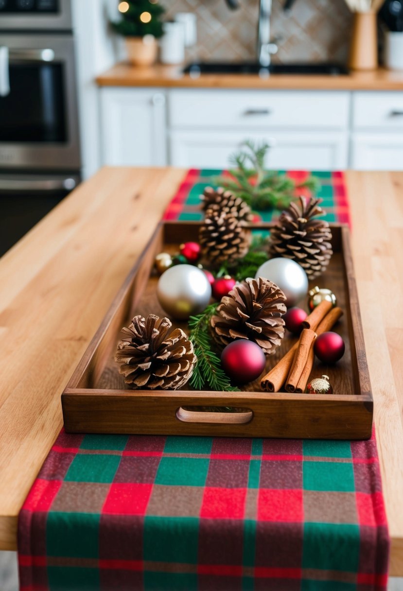 A wooden tray with a red and green plaid table runner, adorned with pinecones, cinnamon sticks, and small ornaments, sits in the center of a kitchen island