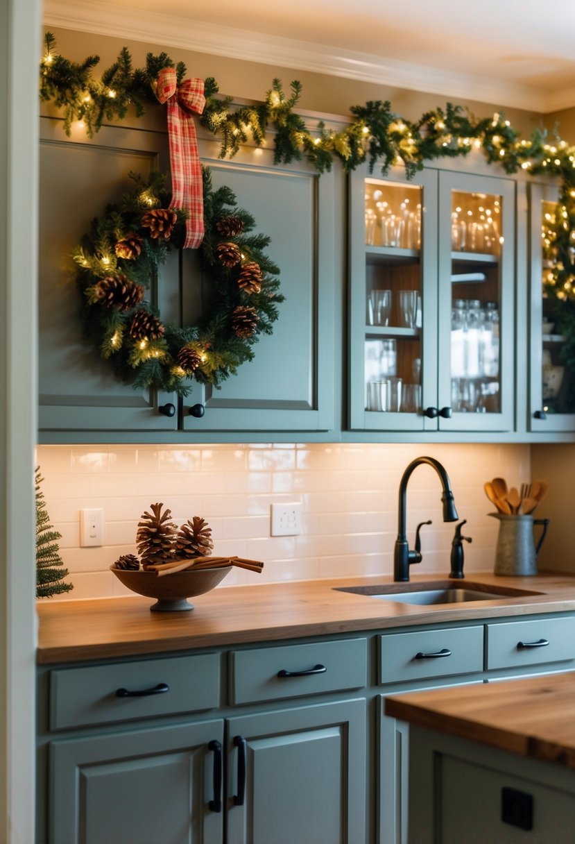 A cozy kitchen adorned with festive garlands, twinkling lights, and a wreath on the cabinet doors. A bowl of pinecones and cinnamon sticks adds a warm touch