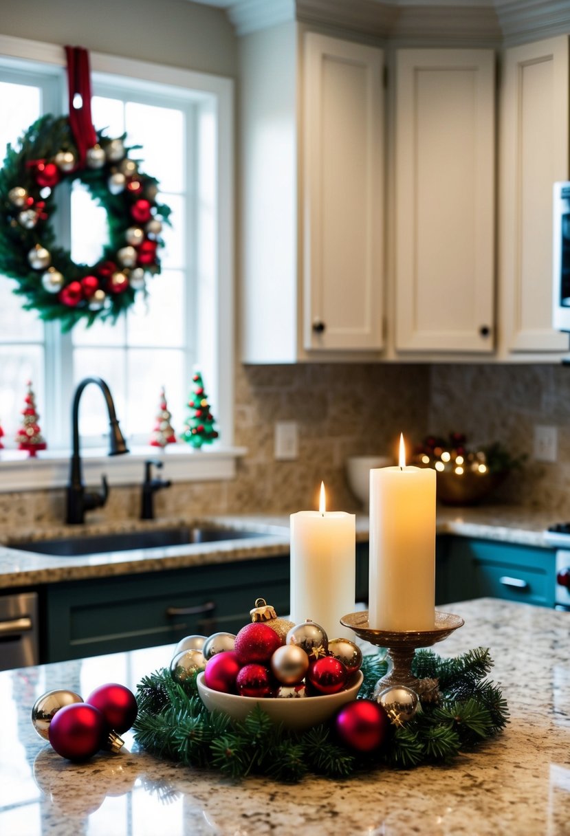 A kitchen countertop adorned with festive Christmas decorations, including a wreath, candles, and a bowl of ornaments