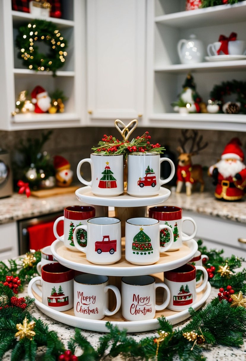 A festive holiday mug display on a kitchen counter, adorned with garland accents and surrounded by other Christmas decorations