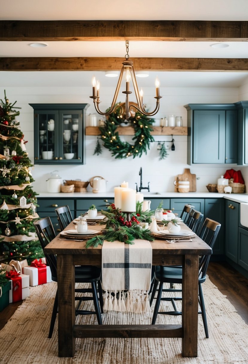 A rustic farmhouse kitchen table adorned with Christmas decor