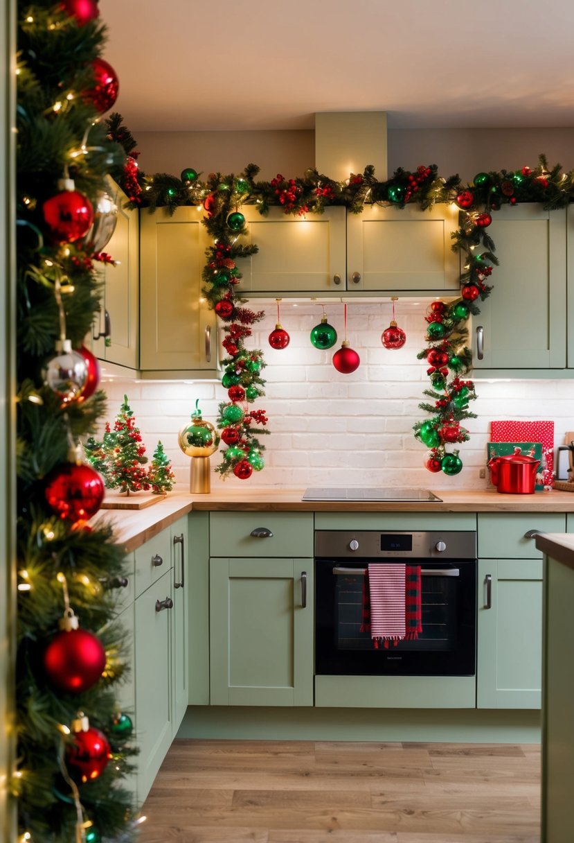 Festive Christmas kitchen decor with red and green garlands, twinkling lights, and hanging ornaments on cupboard doors