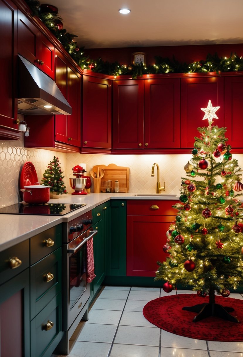 A cozy kitchen with festive red and green decor, twinkling lights, and a beautifully decorated Christmas tree in the corner