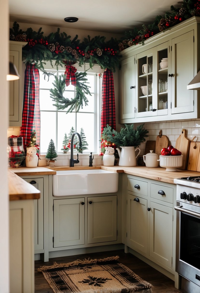 A cozy country kitchen decorated with plaid accents for Christmas