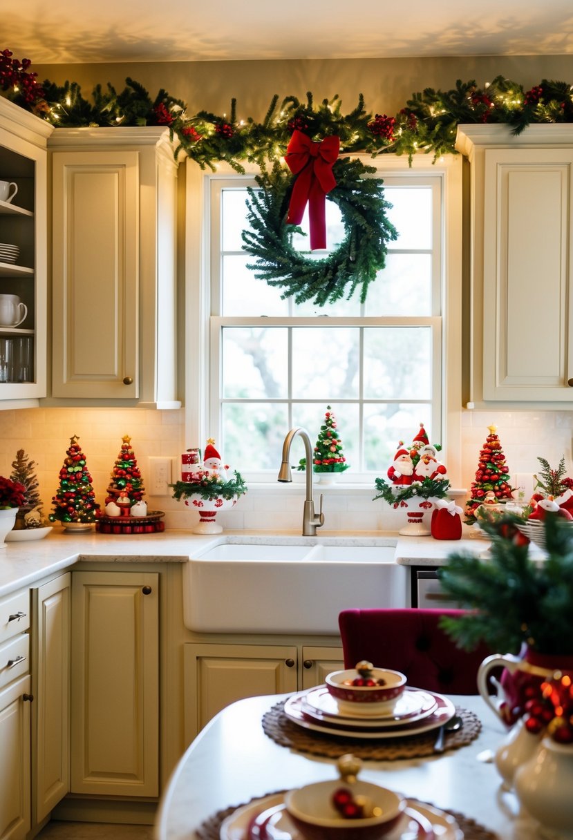 A cozy kitchen adorned with festive Christmas decor: a wreath on the window, garland draped over the cabinets, and a table set with holiday-themed dishes and centerpieces