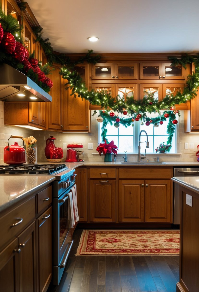 A cozy kitchen with festive red and green decorations, twinkling lights, and a garland draped over the cabinets