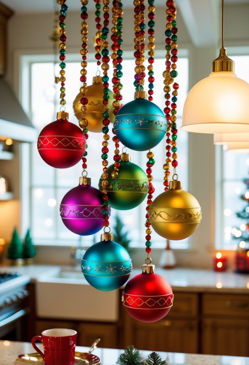 Colorful Christmas ornaments dangle from pendant lights, casting a festive glow over the kitchen decor