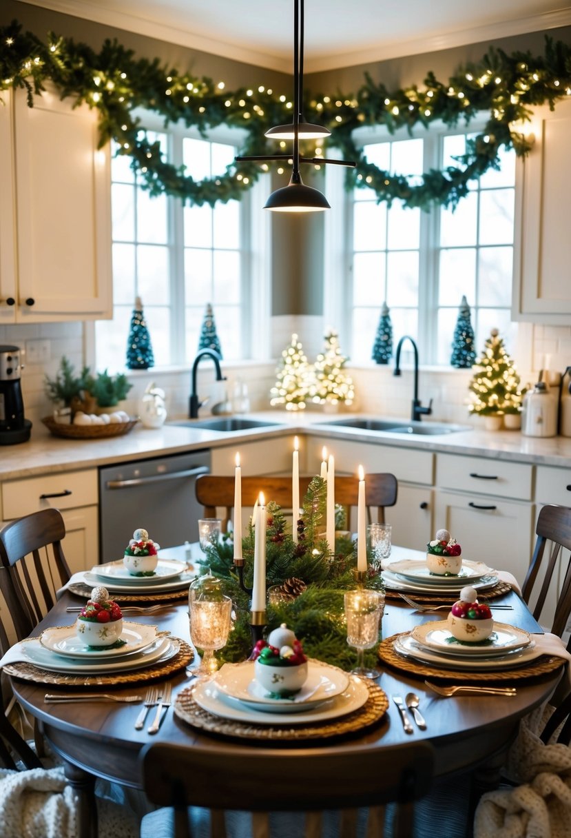 A cozy kitchen adorned with festive garlands, twinkling lights, and a table set with holiday-themed dinnerware and centerpieces