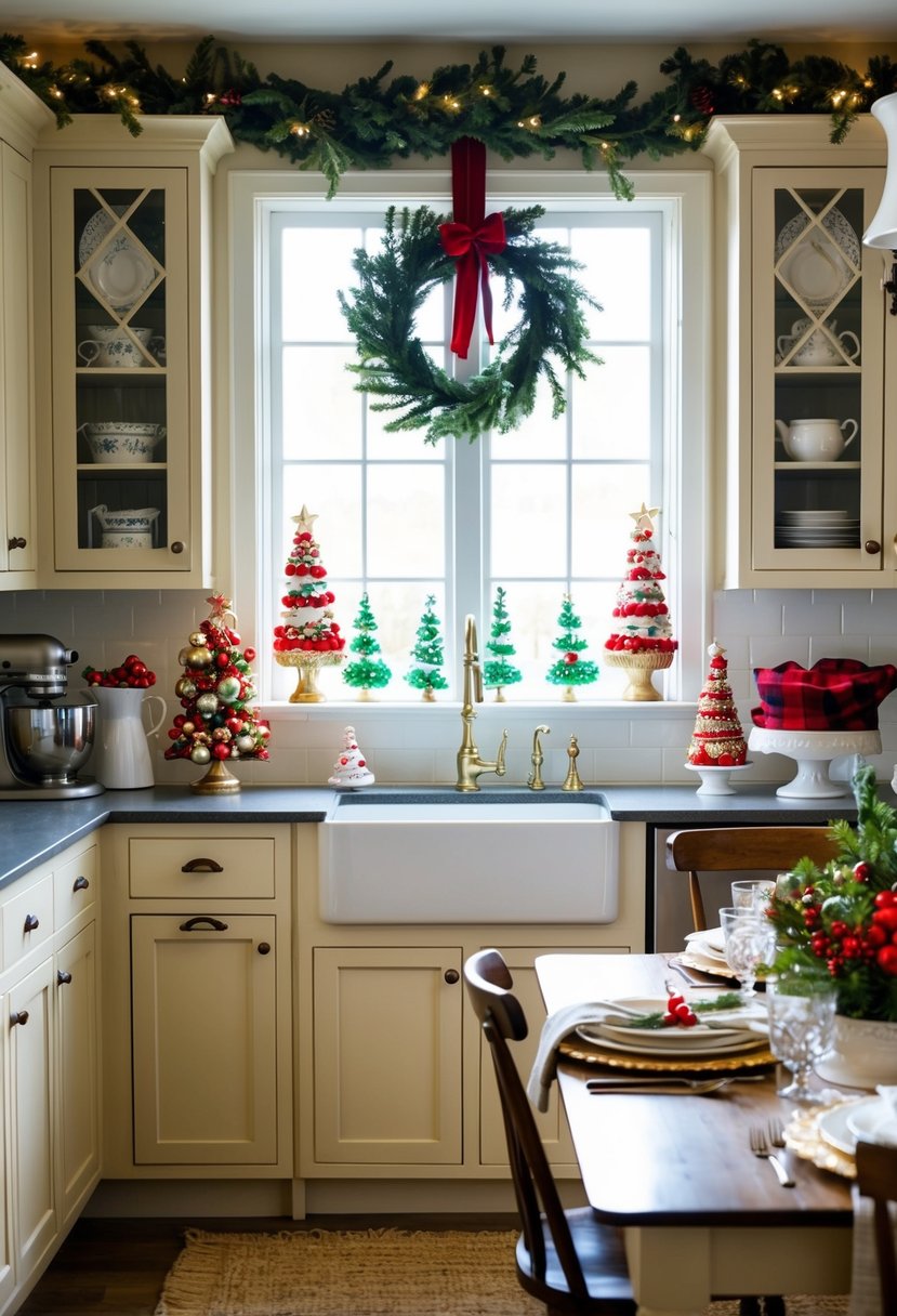 A cozy kitchen adorned with festive garlands, twinkling lights, and a beautifully decorated Christmas tree in the corner