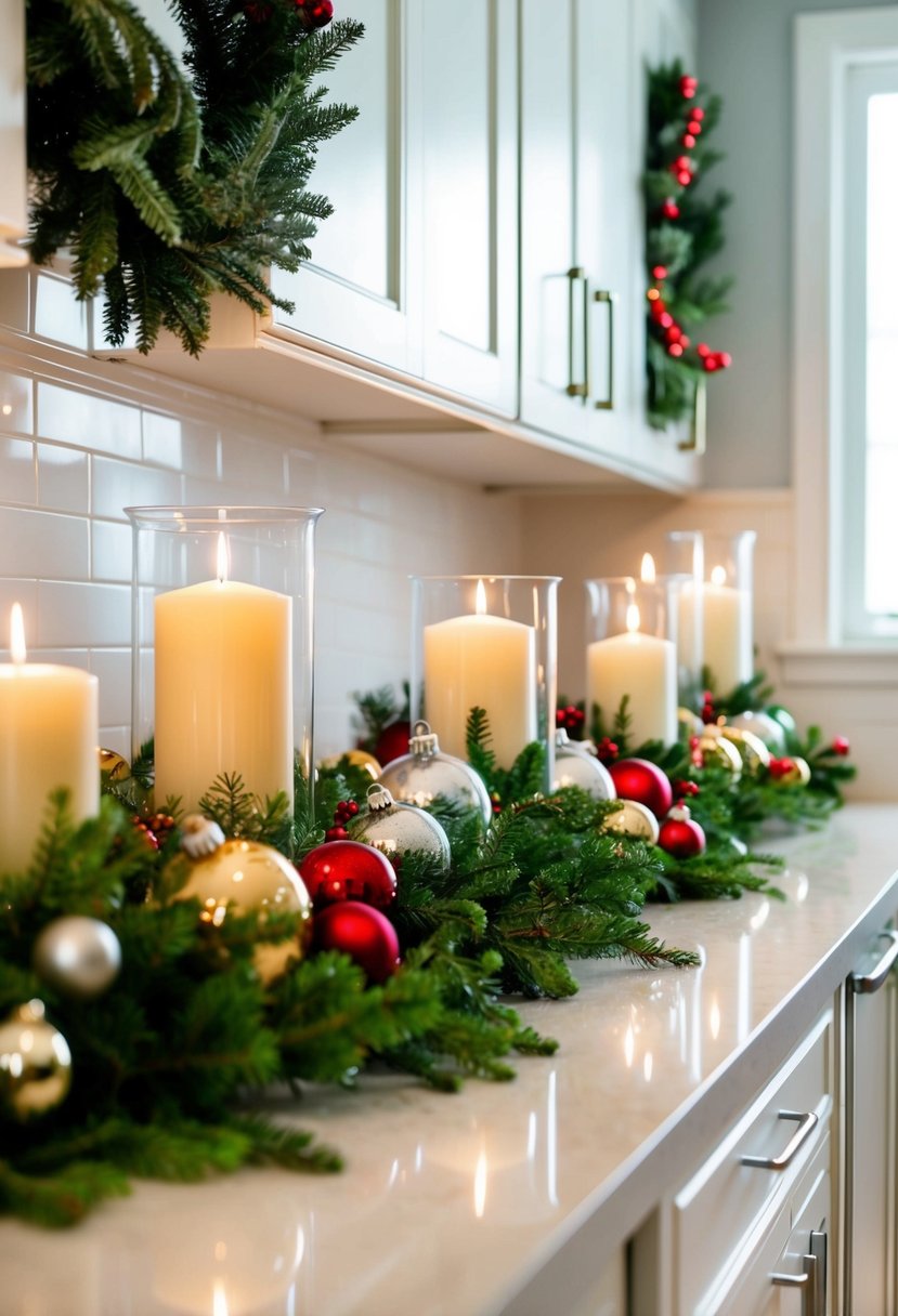 A kitchen counter adorned with festive greenery, candles, and ornaments for Christmas