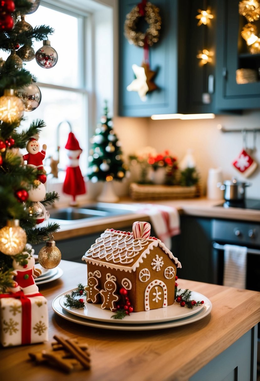 A cozy kitchen corner adorned with gingerbread-themed Christmas decor