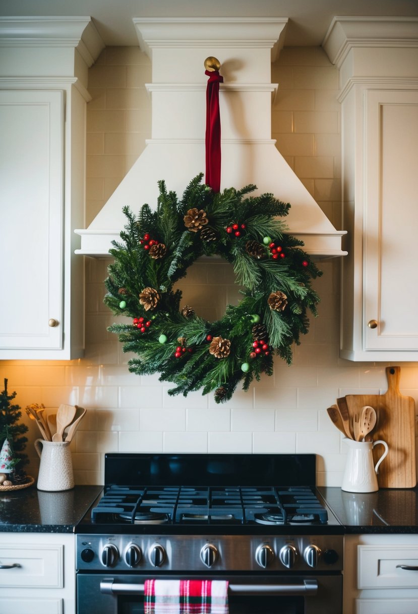 A festive Christmas wreath hangs above the stove in a cozy kitchen, adding a touch of holiday cheer to the room