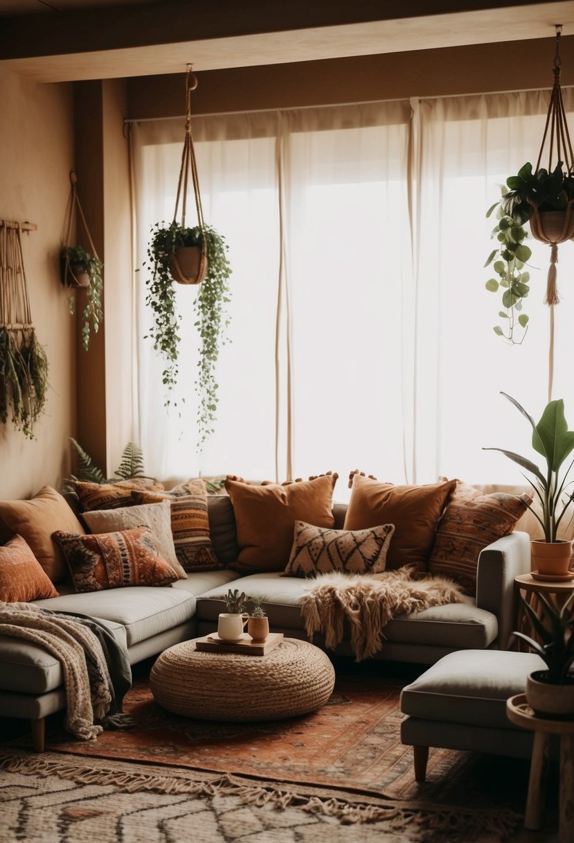 A cozy bohemian living room with low seating, layered rugs, hanging plants, and eclectic decor. Warm, earthy tones and natural materials create a relaxed, inviting atmosphere